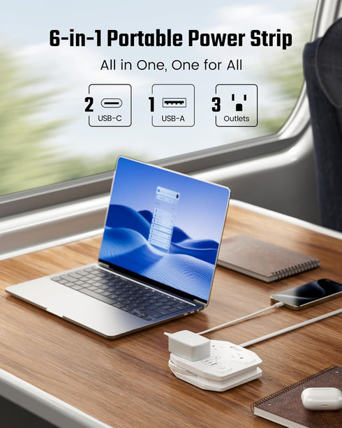 20W Travel Power Strip, SUPERDANNY 3-Foot Extension Cord with 3 Outlets & 3 Fast Charging USBs, White