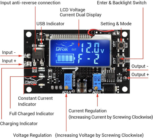 DROK Adjustable Voltage Regulator, DC Buck Boost Converter 6-30V to 0.5-30V 4A 60W with USB Port and LCD Display