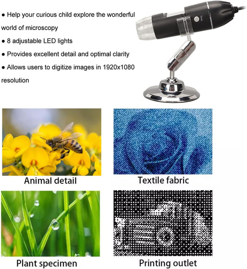 USB Digital Microscope 50X to 1600X - Magnification Endoscope Camera with 8 LEDs, Portable Handheld Microscope with