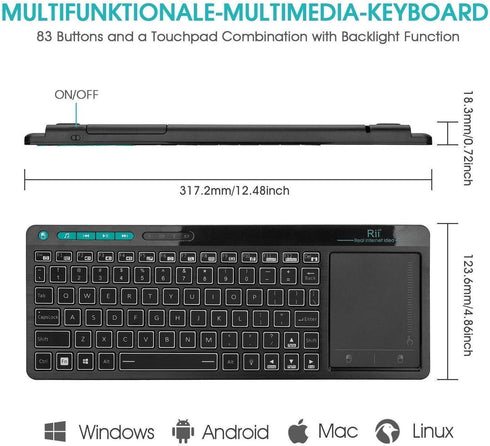 Rii K18 Plus Wireless Multimedia Keyboard, 3-LED Color Backlit with Multi-Touch Big Size Trackpad, Rechargeable for