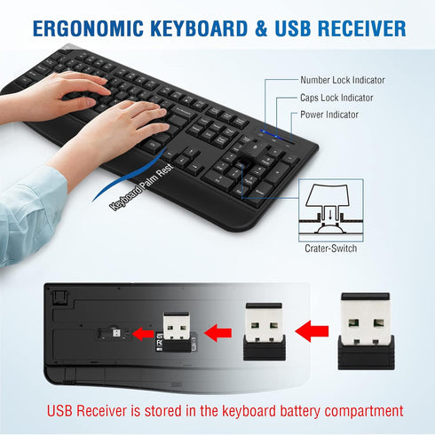 Wireless Keyboard and Mouse Combo, Full-Sized 2.4GHz Wireless Keyboard with Optical Mouse for Windows, Mac OS,