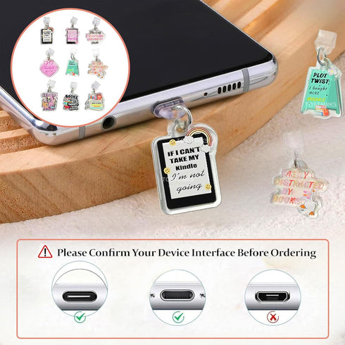 Tostmrks Set 9 E-Reader Charms - Pcs Custom Acrylic Dust Plugs for Kindle Type C Devices Fun Book Lover Accessories