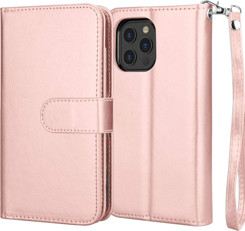 Njjex iPhone 12 Mini Wallet Case (2020), 9 Card Slots, PU Leather, Detachable Kickstand, Magnetic Cover, Rose Gold