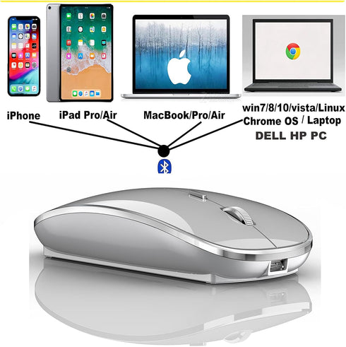 Rechargeable Wireless Bluetooth Mouse, Compatible with iPad Pro, MacBook, Chromebook, and Windows (Silver)