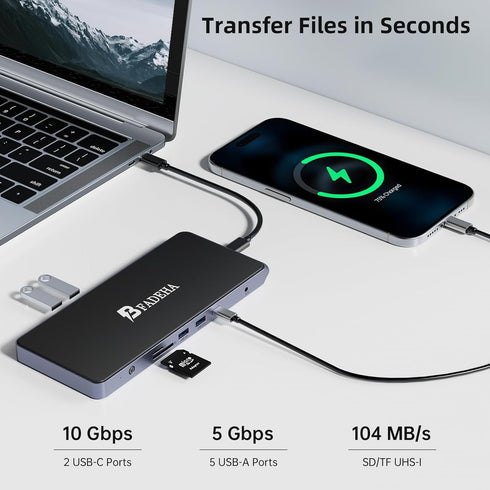BFADEHA 3 14 1 HDMI*2, 4K60Hz, 10Gbps 1Gbps USB C Universal Docking Station for Monitors, Power Adapter Attached