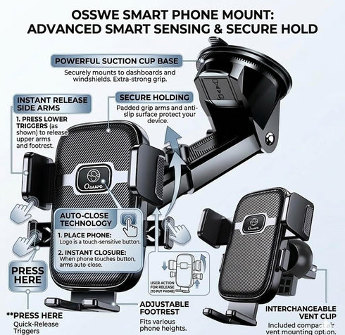 Osswe [2026 3-in-1 100lbs 360 Upgraded Car Phone Mount - Suction Force & Metal Spiral Hook Vent Clip - Military Grade