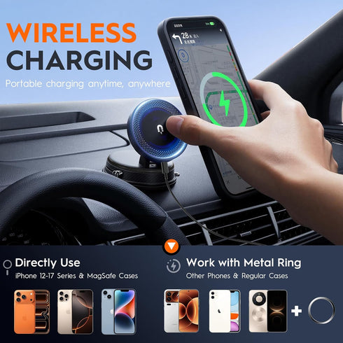 LIBAXIN 15W 360 12-17 Magnetic Car Phone Holder for MagSafe, Wireless Charging, Adjustable Dashboard Mount, Compatible