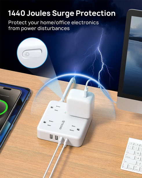 TROND 2 Prong Power Strip - 5ft Extension Cord with Multiple AC Outlets & USB Ports, 1440J Surge Protector