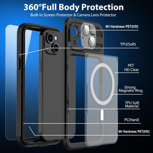 Waterproof Case for iPhone 15, Built-in Screen Protector, Shockproof Dustproof Full Body Cover Compatible with Magsafe