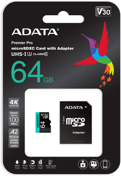 ADATA 64GB U3 V30 10 A2 AUSDX64GUI3V30SA2-RA1 Premier Pro MicroSDXC UHS-I Class MircoSD Memory Card with Adapter