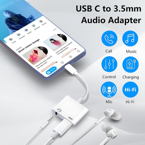 USB C to 3.5mm Headphone and Charger Adapter 2-Pack, 2-in-1 USB C to Aux Jack Dongle Cable Cord with PD Fast Charging for iPhone 15 Pro Max Plus, Samsung Galaxy S22 S23 S24 Ultra, Note 20