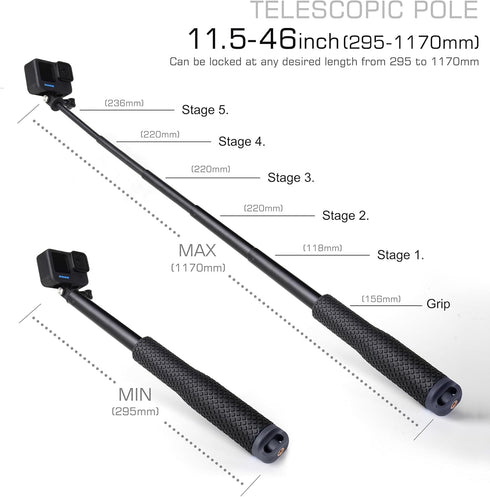 GEPULY 13 12 11 10 9 8 7 6 5 6 5 Waterproof Selfie Stick Pole Hand Grip Adjustable Underwater Monopod for GoPro Hero