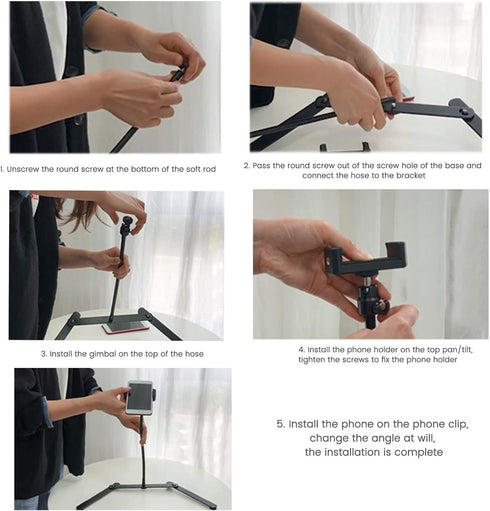 Adjustable Tripod with Cellphone Holder, Overhead Phone Mount for Live Streaming, Online Video, Food Crafting, Demo