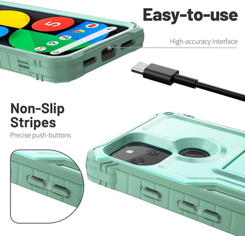 ExoGuard for Google Pixel 5 Case, Rubber Shockproof Full-Body Cover Case Built-in Screen Protector and Kickstand Compatible with Google Pixel 5 Phone (Green)