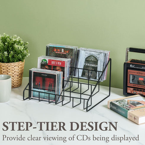 MyGift 3-Tier Modern Matte Black Metal Wire CD Storage Rack, Tabletop Media Organizer, Set of 2