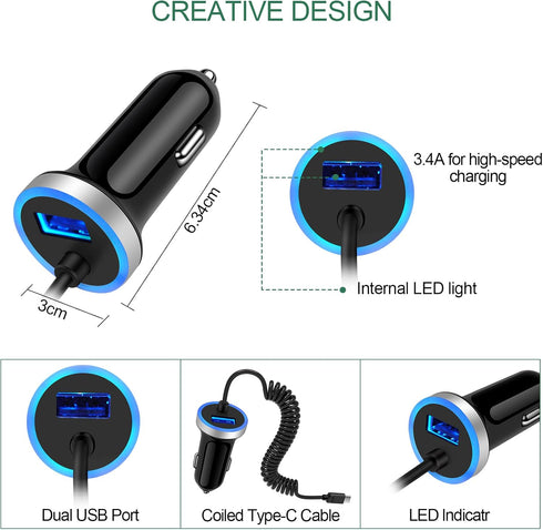 USB C Car Charger, 3.4A Fast Charging Adapter with 3ft Type C Coiled Cable for Samsung Galaxy A15 5G A14 A13 A53 A54