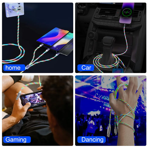 LED Light Up iPhone Flowing Multi Charging Cable, 3-in-1 MFi Certified Lightning Cable with USB-C & Micro USB, 4FT