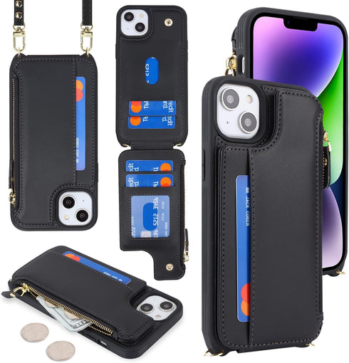 Cavor for iPhone 13 Case with Card Holder,iPhone 13 Wallet Case for Women,Phone Case iPhone 13 Case with Strap,Crossbody Lanyard and Wristlet,Leather Zipper Pocket Case-Black
