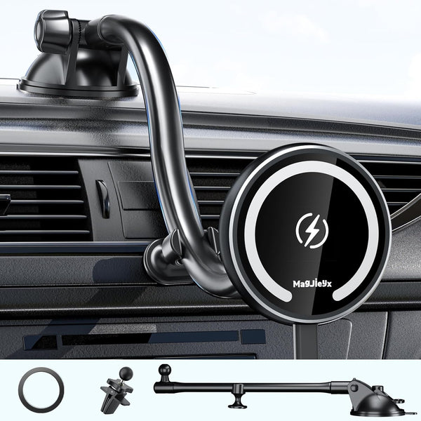 Magsafe Car Mount Wireless Charger for iPhone 16/15/14/13, Fast Charging Magnet Phone Holder with Gooseneck Long Arm