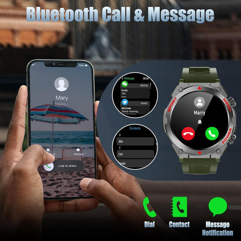 Military Smart Watch, 1.52-Inch Touch Screen Tactical Smartwatch with Text, Call, Heart Rate - Green