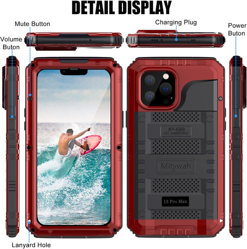Mitywah Waterproof Case for iPhone 13 Pro Max, Heavy Duty Armor Metal Case, Shockproof Built-in Screen Protector, Red