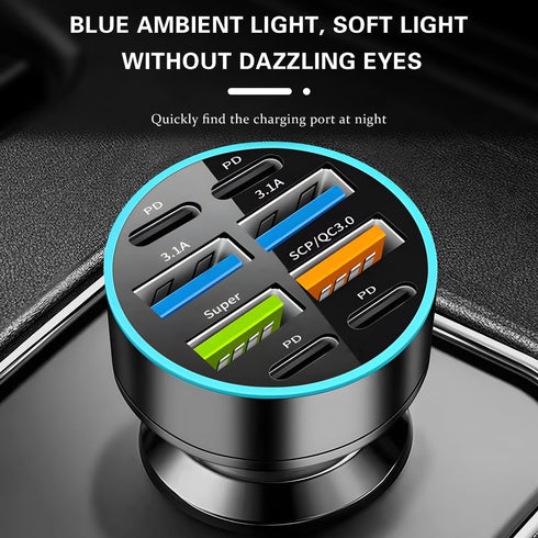 8 Ports 66W Car Charger - 12-24V Super Fast Charging with USB 3.1A PD&QC 3.0 for All Smartphones