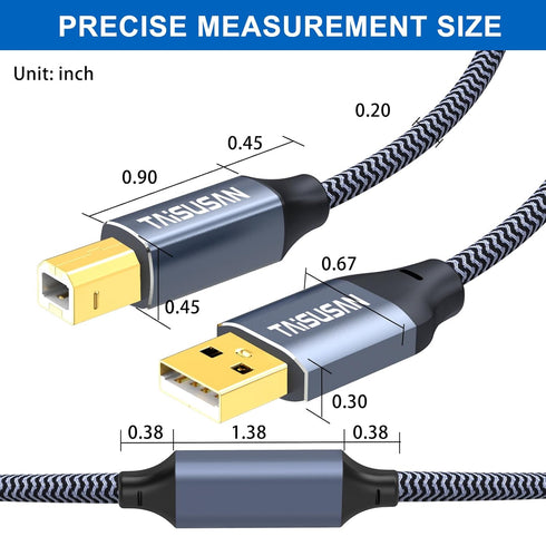 40ft, USB Printer Cable High Speed A to B Cord Compatible for Keyboard, MacBook, Printers and Scanners - Gray