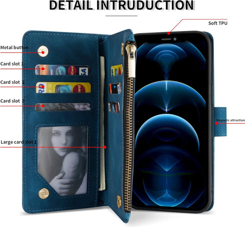 ZZXX iPhone 12 Case Wallet with Card Slot - Premium Soft PU Leather Zipper Flip Folio, Blue 6.1 inch