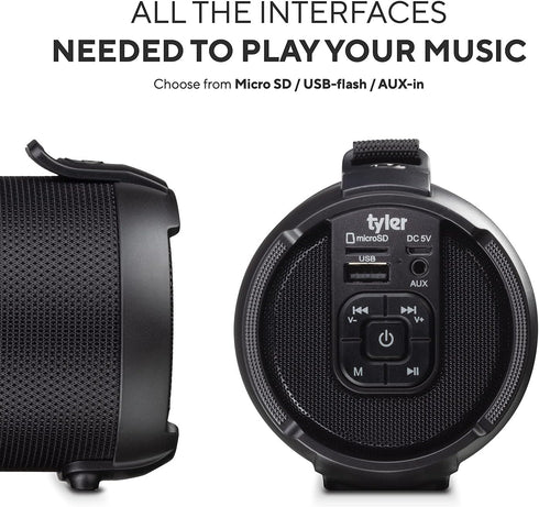 Tyler Wireless Bluetooth Speaker, Water Resistant Long Range Rechargeable Boombox with USB, MP3, Micro SD, AUX