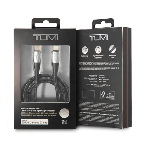 TUMI USB-C Lightning Cable, 5 Foot Phone Charger for iPhone, iPod, iPad & AirPods, Reinforced Knit Fast Charger