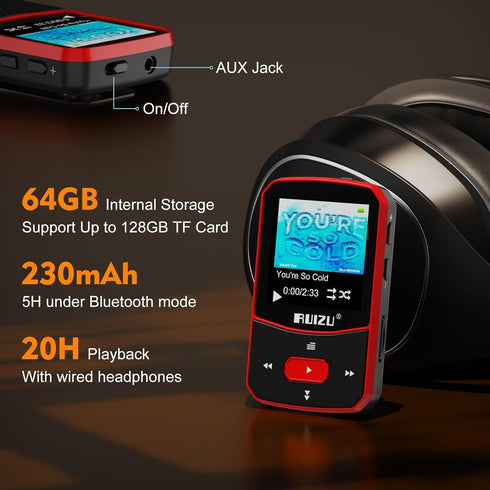 RUIZU 64GB Clip MP3 Player with Bluetooth 5.3, Portable Music Player with Voice Recorder, FM Radio, Red