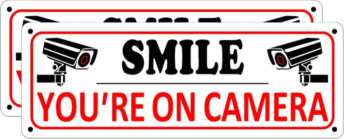 Smile You're on Camera Sign - 2 Pack Video Surveillance Signs, 10" x 3.5" Metal Camera Warning Sign