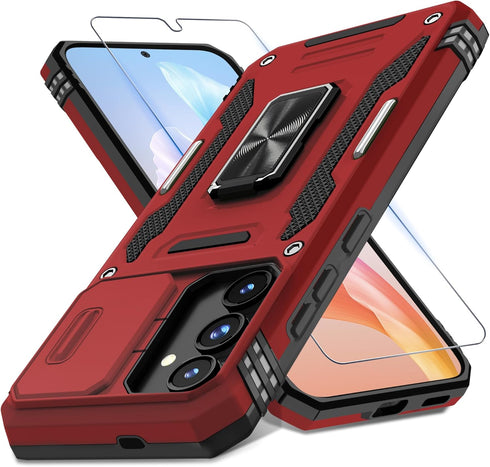 DEERLAMN Samsung Galaxy S24 Case - Red, Military Grade Shockproof, Slide Camera Cover + Screen Protector, Rotated Ring