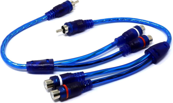 iexcell 2 Pcs RCA Speaker Splitter Shielding Cable Adapter, 1 Male to 2 Female, Blue