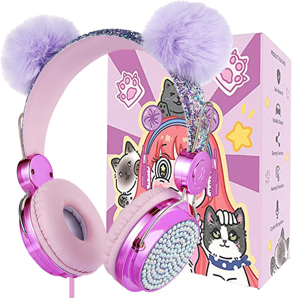 Unicorn Kids Pom Headphones with Mic, 85DB Limit, Shareport, HD Stereo Wired, Hot Purple, Perfect Travel Gift for Girls.