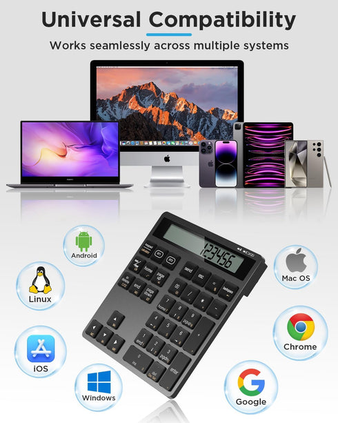 Awelbuy 34-Key Rechargeable Wireless Number Pad for Laptop, Dual Bluetooth Number Keypad with Calculator Display