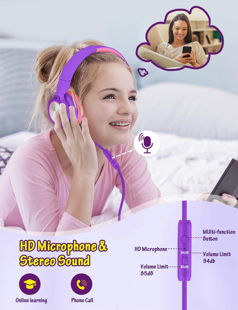 Kids Headphones with Microphone, Wired Over Ear Headsets with Limited Volume for Boys Girls Teens Online School/Travel
