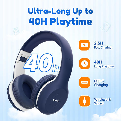 EarFun K2 Kids Bluetooth Headphones, Volume Limited, 40H Playtime, Foldable Over-Ear Headphones with Mic for