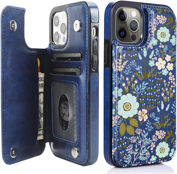 uCOLOR Flip Leather Wallet Case for iPhone 12 Pro/12, Card Holder Kickstand, Marble Design (Blue Flowers)