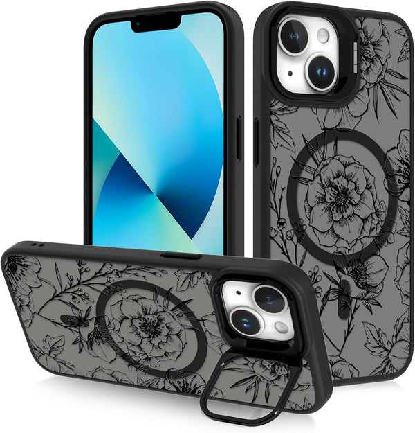 OOK Magnetic Case for iPhone 13 with Kickstand, Built-in Camera Stash Stand, Slim Translucent Matte Case, Black Floral
