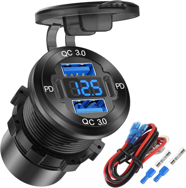 Upgraded 4 Port 12V USB Outlet Aluminum Charger, 78W Dual PD & QC Multiple USB Port for Car, Waterproof for Marine Boat
