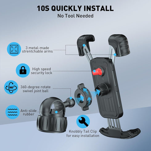 Hiboy Bike Phone Holder, 360° Rotation Adjustable Motorcycle Mount, Bicycle Scooter Handlebar Clip for 5.1" - 6.8"
