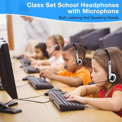 Yunsailing 30 Pack Kids Headphones with Microphone, Lightweight Adjustable Earphones, 3.5 mm Jack (White)
