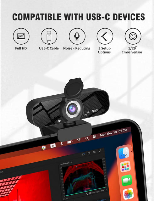 GOZVRPU 1080P Streaming-Black-1 HD Webcam with Built-in Microphone, Rotatable Tripod, Wide-Angle Lens,Privacy Cover