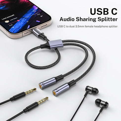 MOSWAG USB C to Dual 3.5mm Female Headphone Splitter,Type C to Dual 3.5mm Female Headphone Adapter Compatible with Pixel 7 6, Galaxy S23 iPhone 15 Pro Max/Pro/Plus by MOSWAG
