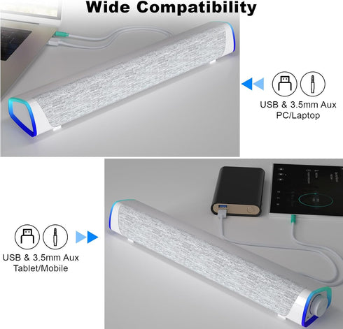 SOULION R30 Computer Speakers, USB Powered 3.5mm AUX Small Speakers with Colorful LED Lights for Desktop Laptop White