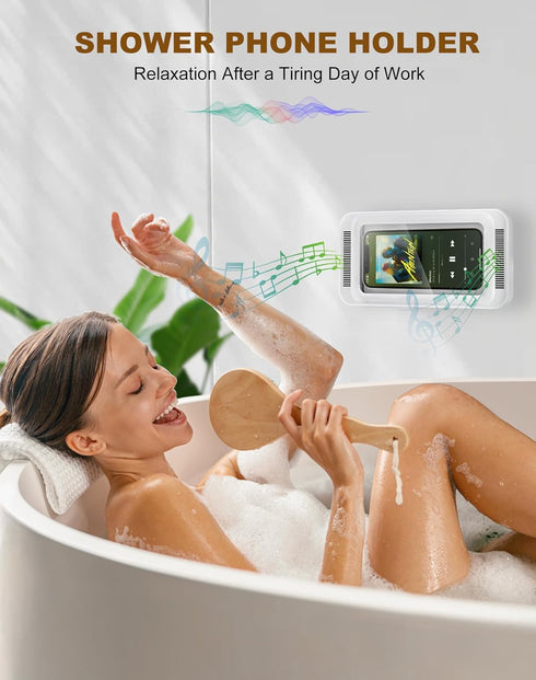 Upgraded Shower Phone Holder, Waterproof with Speaker Hole, Touch Screen Shower Phone Stand Case for iPhone 15 14 13 12