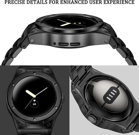 MioHHR Compatible for Google Pixel Watch 3 41mm / Pixel Watch 2, Stainless Steel Case with Wristband Strap, Black