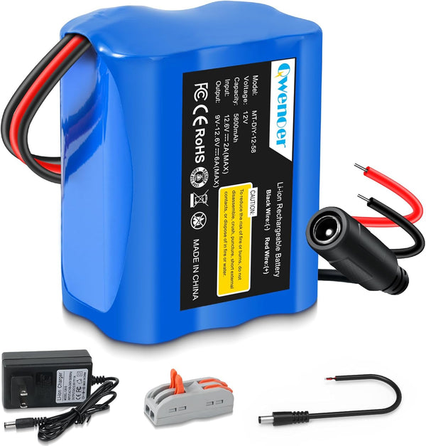 Qwenoer 5800mAh 12V Lithium Battery, 12V Battery Pack with 12 Volt Battery Charger