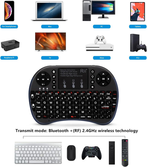 Rii Mini Wireless Bluetooth Keyboard with Touchpad, Supports Bluetooth and 2.4GHz Wireless Connection for Smartphones,